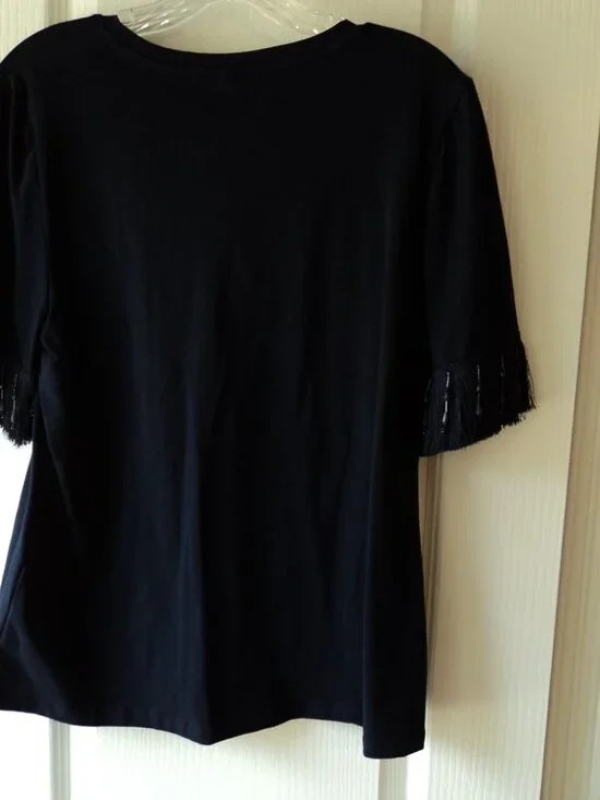 Women's Navy Blue V-Neck Top-Frill Sleeves - Picture 2 of 4